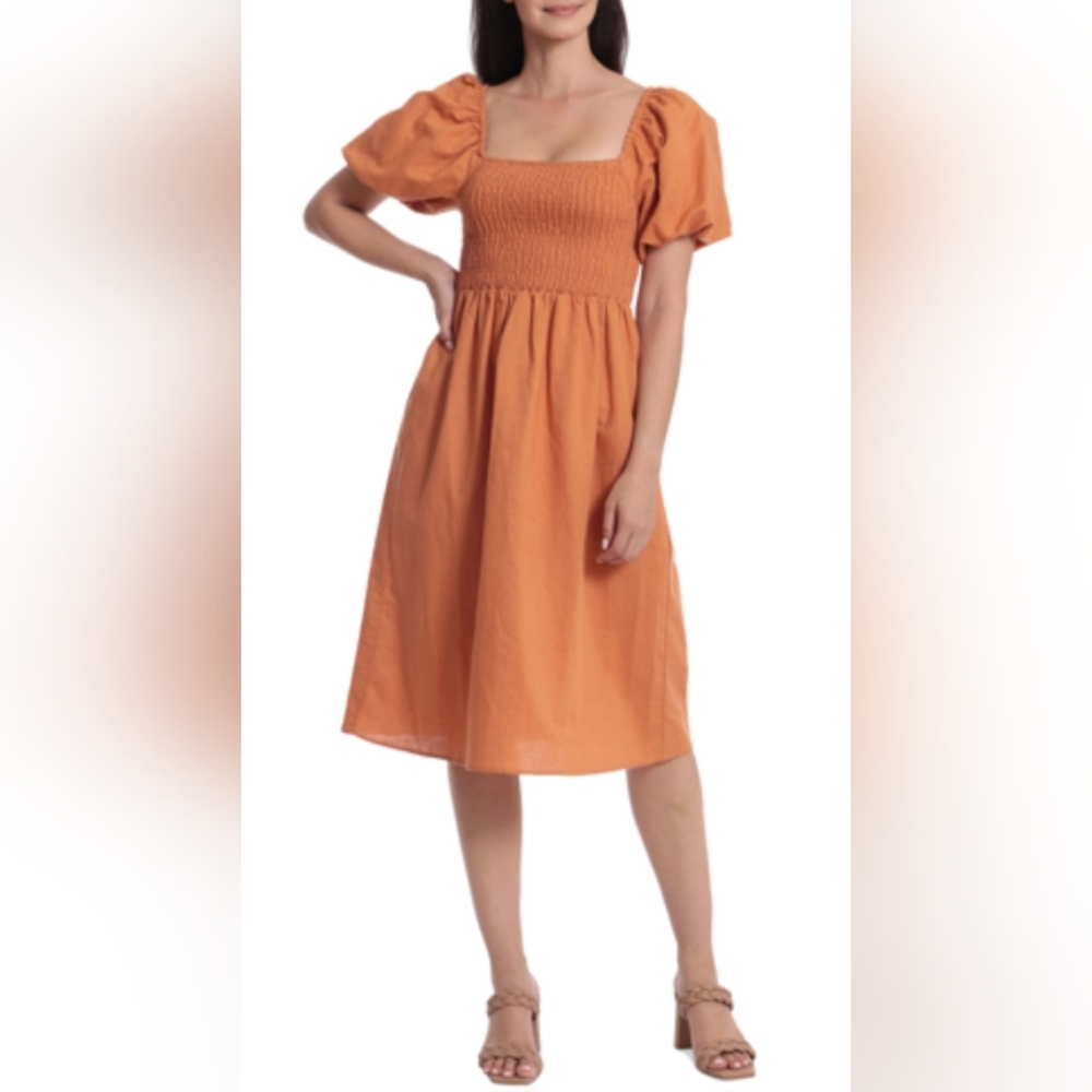 Avec Les Filles Smocked Puff-Sleeve Dress in Sunset. Size Medium